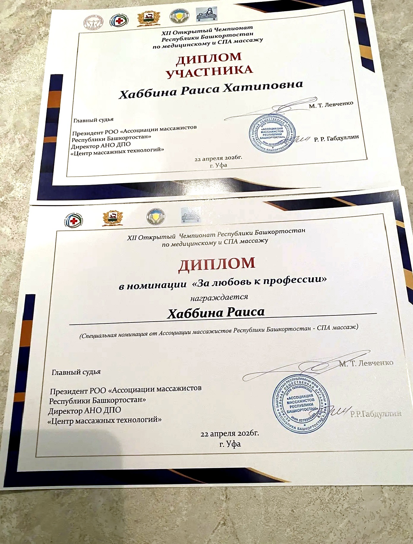 Дипломы XII чемпионата РБ по массажу, 2026